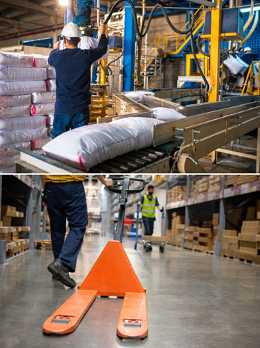 bagged material and a cart in a warehouse