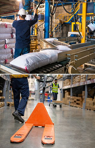 bagged material and a cart in a warehouse